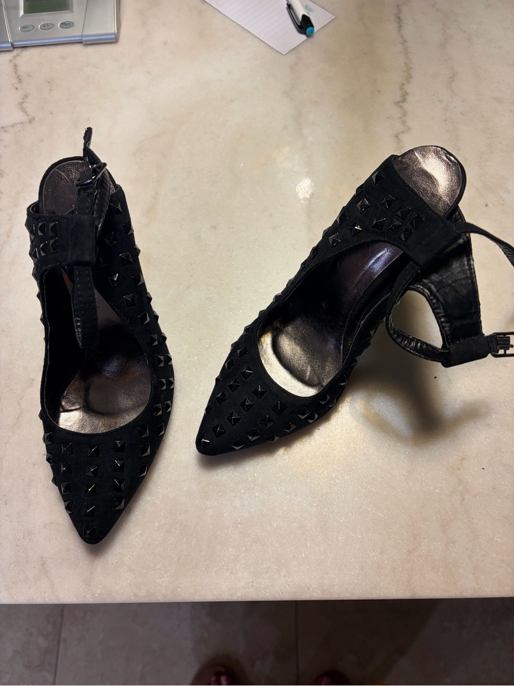 Women's Black Studded Pointed-Toe Heels with Ankle Strap